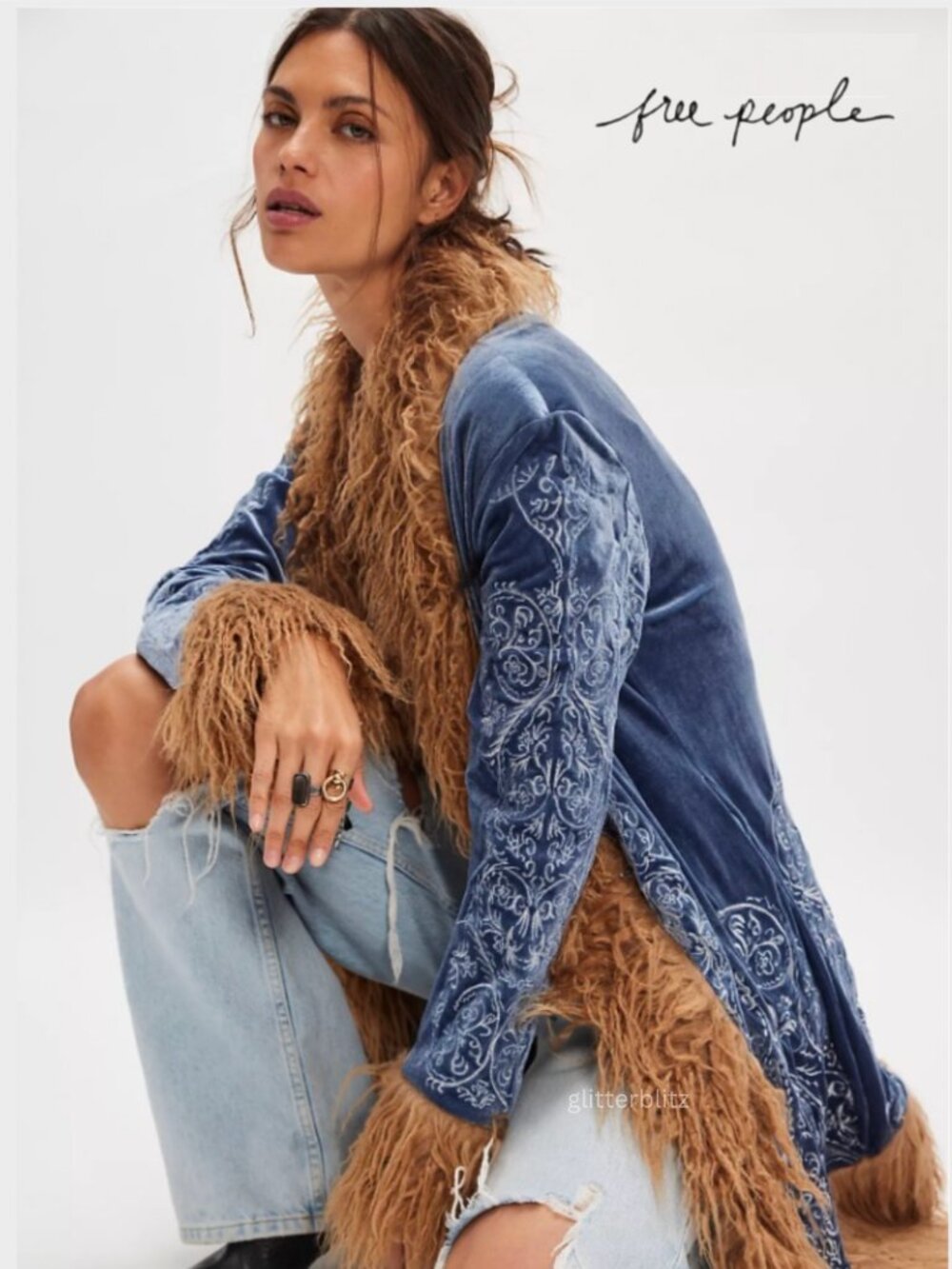 Free People Penny Lane Moon Glow Coat -Blue / Tan